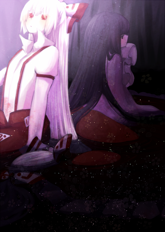 arm_strap, back-to-back, black_hair, colored_eyelashes, fujiwara_no_mokou, hotmilkice, houraisan_kaguya, ice_(aitsugai)