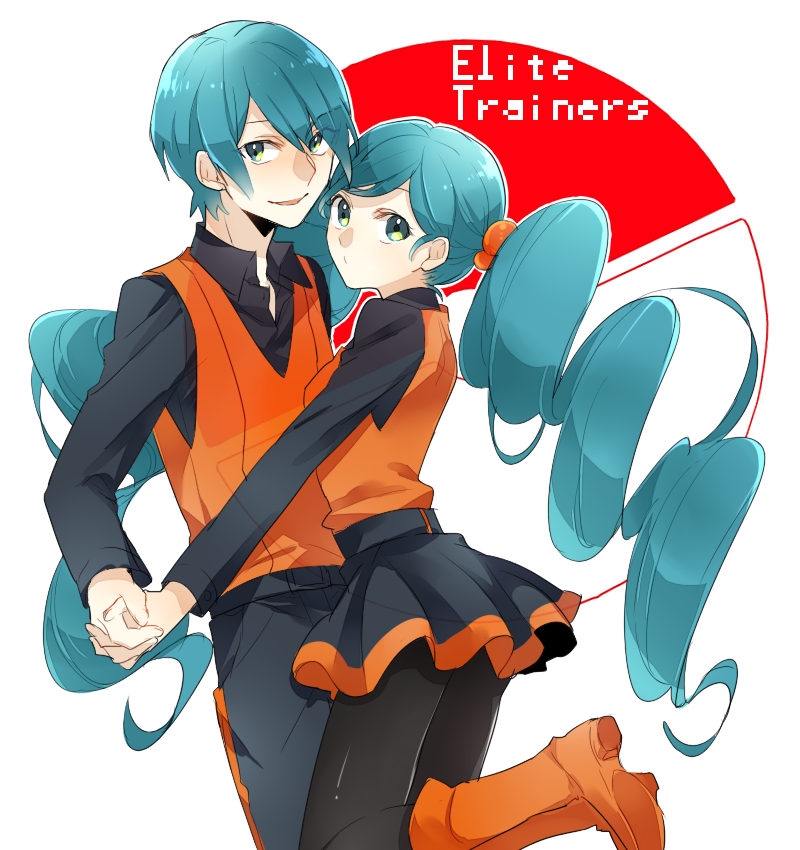 1girl, ace_trainer_(pokemon), black_legwear, blue_hair, couple, english, green_eyes, hand_holding