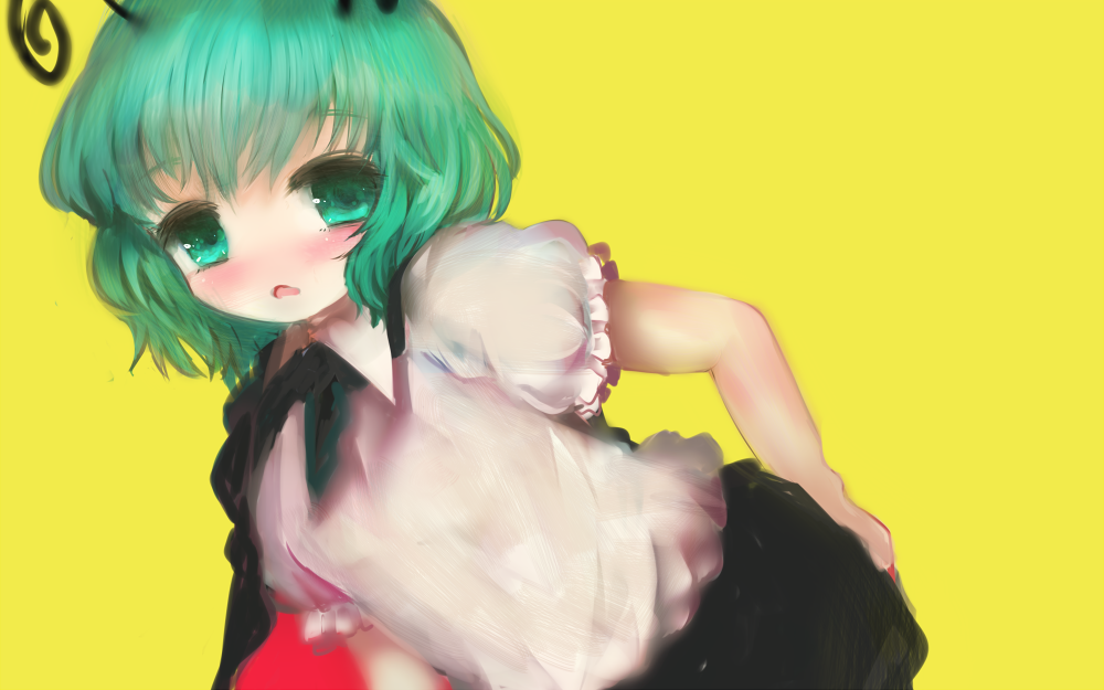 amii, antennae, aqua_eyes, aqua_hair, bangs, blush, dress_shirt, green_eyes
