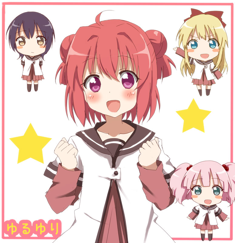 akaza_akari, aoba_mina, black_hair, blonde_hair, blue_eyes, brown_eyes, chibi, double_bun