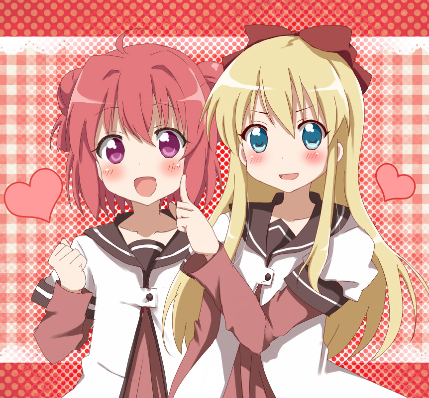 akaza_akari, aoba_mina, blonde_hair, blue_eyes, long_hair, multiple_girls, purple_eyes, school_uniform