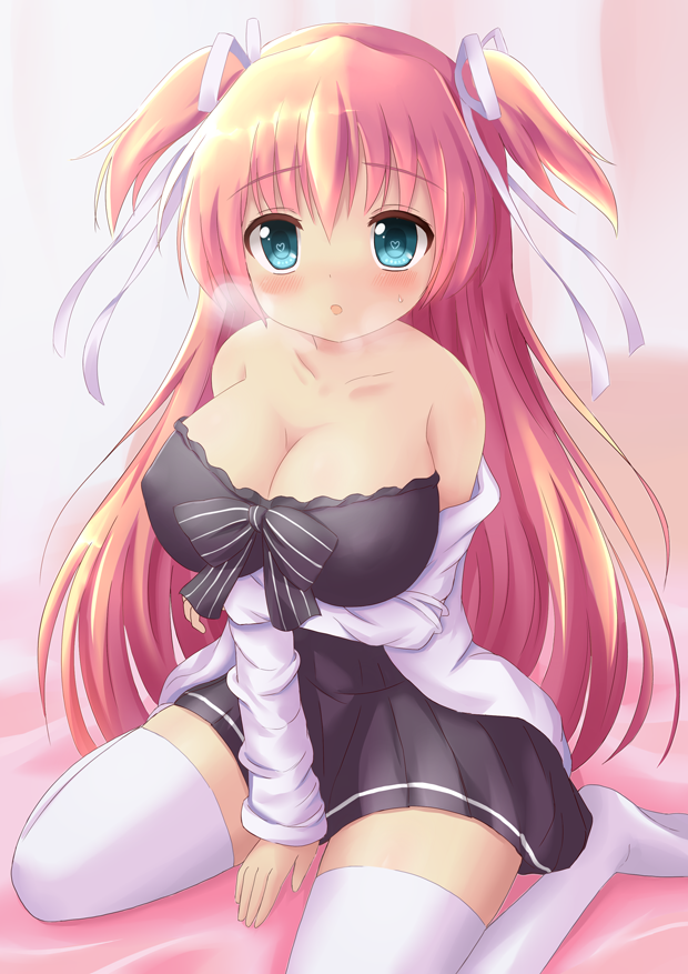 :o, aqua_eyes, bare_shoulders, blush, breasts, breath, character_request, cleavage