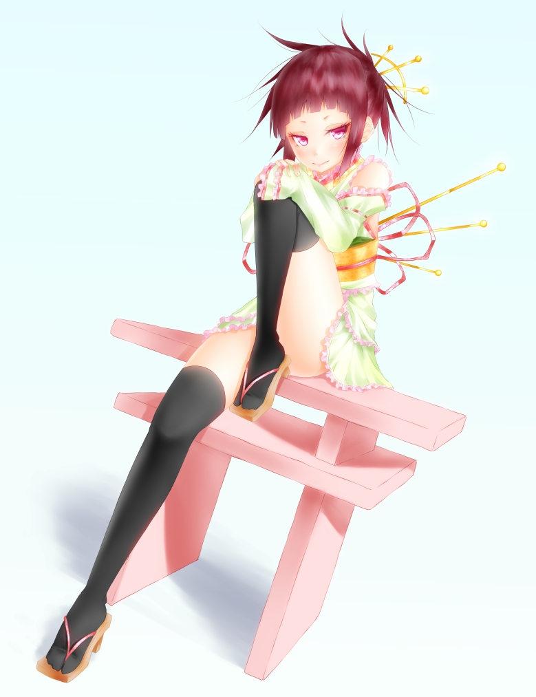 1girl, bare_shoulders, black_legwear, brown_hair, convenient_leg, noppi_(noppi_98), original, pink_eyes