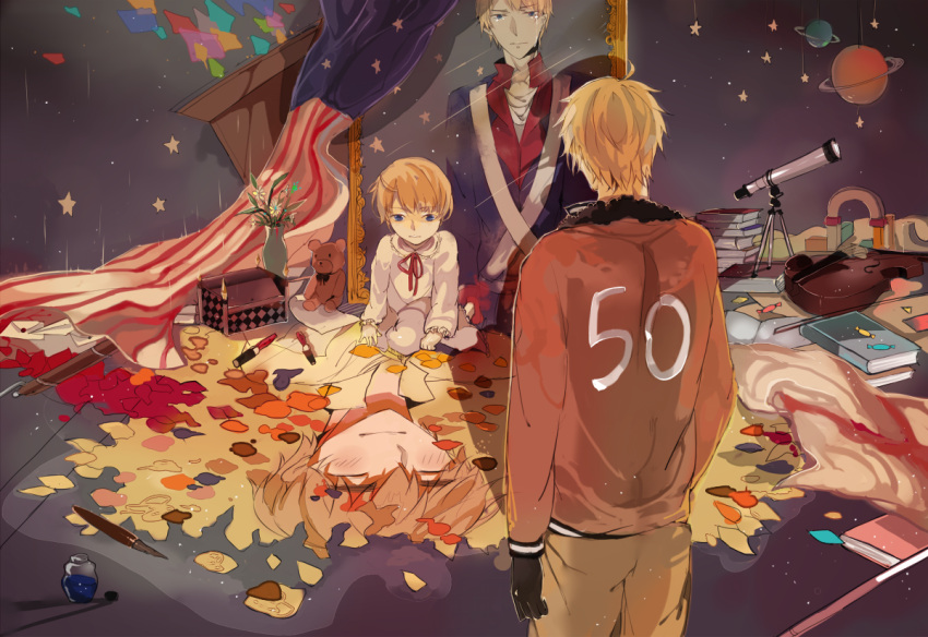 america_(hetalia), american_flag, axis_powers_hetalia, blonde_hair, blue_eyes, bomber_jacket, book, child