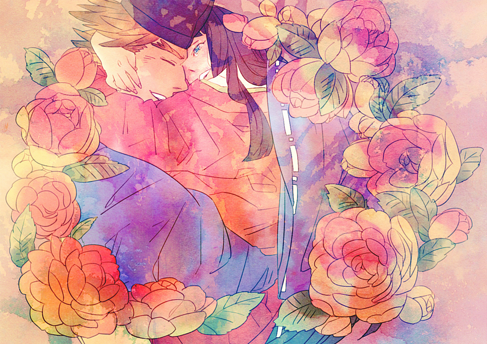 1girl, black_hair, blue_eyes, brown_hair, chouyaku_hyakunin_isshu:_uta_koi, closed_eyes, couple, eyes_closed, flower, fujiwara_no_michimasa, happy, hug, japanese_clothes, long_hair, masako_naishinnou, sentarou_(1000bon), smile