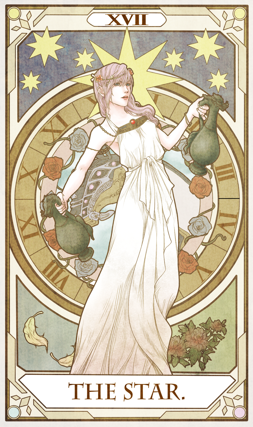 1girl, alternate_form, bad_id, bare_shoulders, blue_eyes, bracelet, feathers, final_fantasy, final_fantasy_xiii, final_fantasy_xiii-2, flower, highres, jewelry, lightning_farron, lips, nawo, odin_(final_fantasy), pink_hair, roman_numerals, rose, sleipnir, solo, tarot, the_star, vase, vines