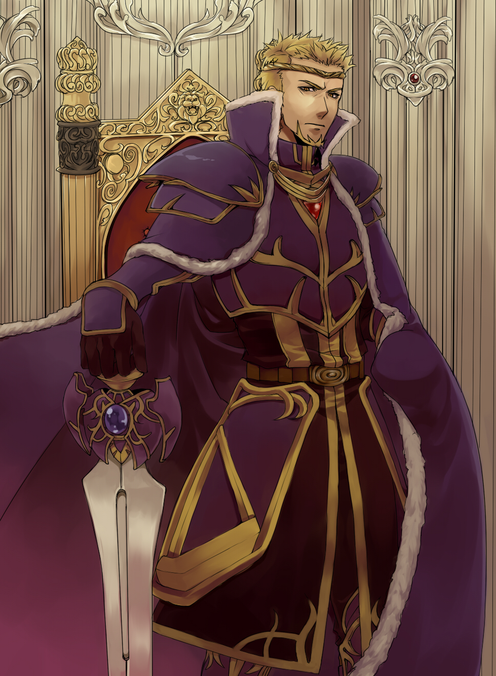 1boy, armor, arumu, blonde_hair, cape, character_request, facial_hair, fire_emblem, fire_emblem:_fuuin_no_tsurugi, fire_emblem_fuuin_no_tsurugi, highres, king_zephiel, male, solo, sword, throne, weapon, zephiel, zephyr_(fire_emblem)