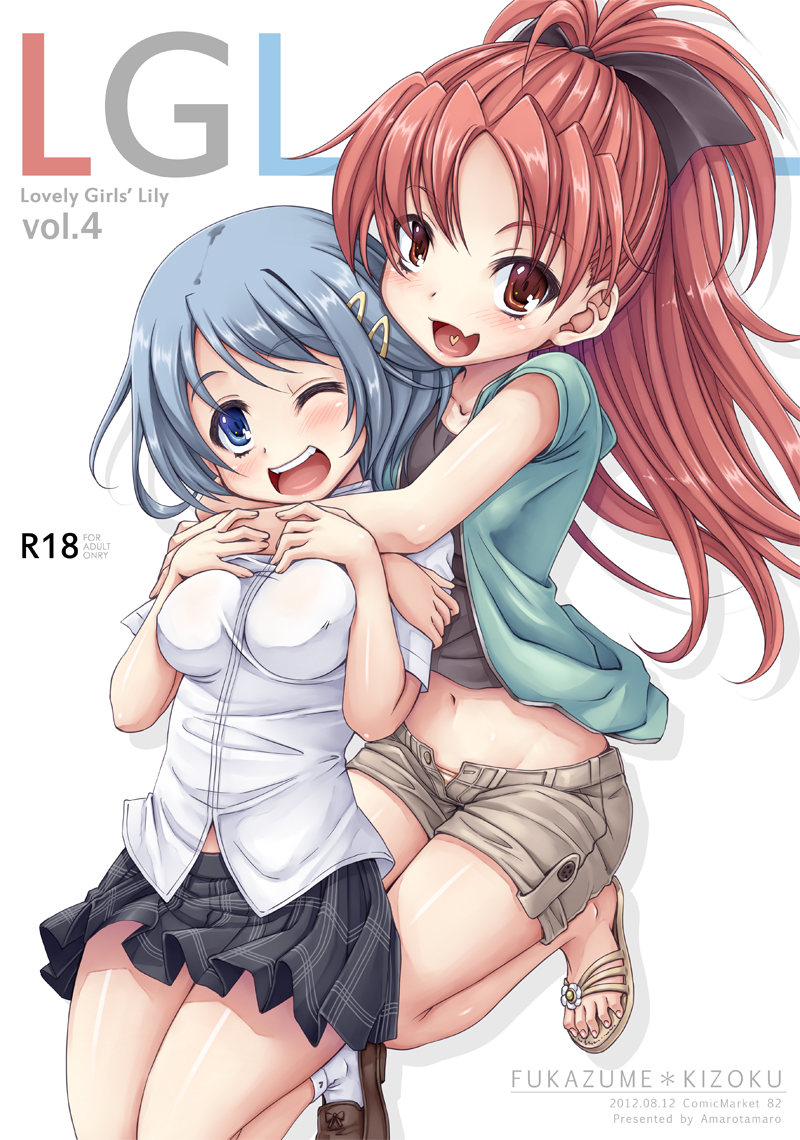 :d, ;d, amarotamaro, blue_eyes, blue_hair, blush, bow, breasts, erect_nipples, hair_bow, hair_ornament, hairclip, heart, heart_in_mouth, hug, hug_from_behind, long_hair, looking_at_viewer, mahou_shoujo_madoka_magica, midriff, miki_sayaka, multiple_girls, navel, open_fly, open_mouth, plaid, plaid_skirt, ponytail, red_eyes, red_hair, redhead, sakura_kyouko, sandals, short_hair, shorts, skirt, smile, unzipped, wink