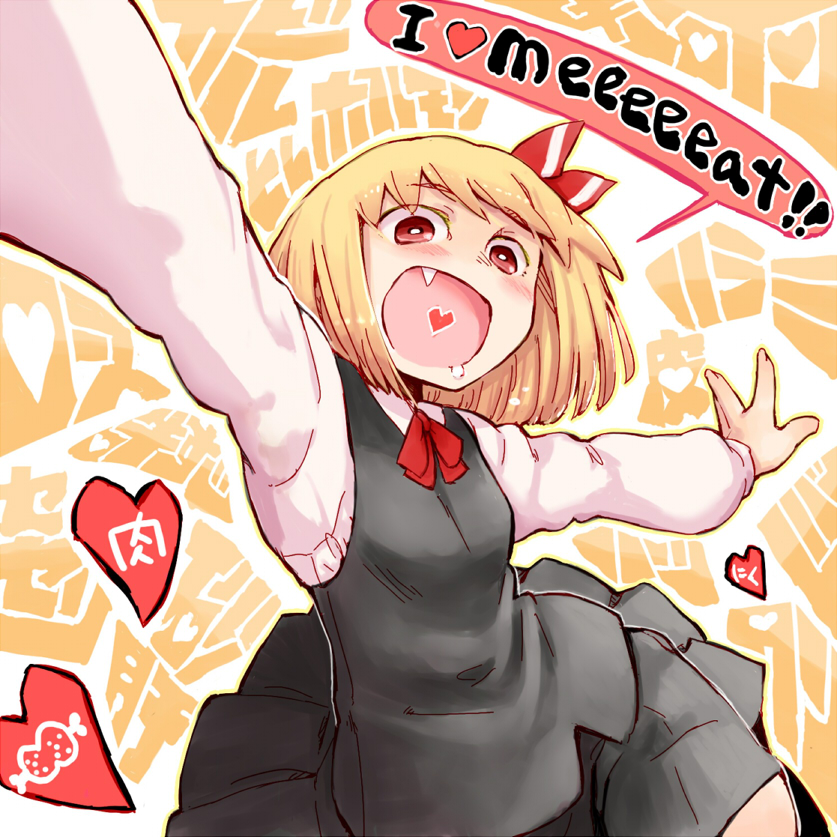 :d, blonde_hair, blush, dress, english, fang, food, heart