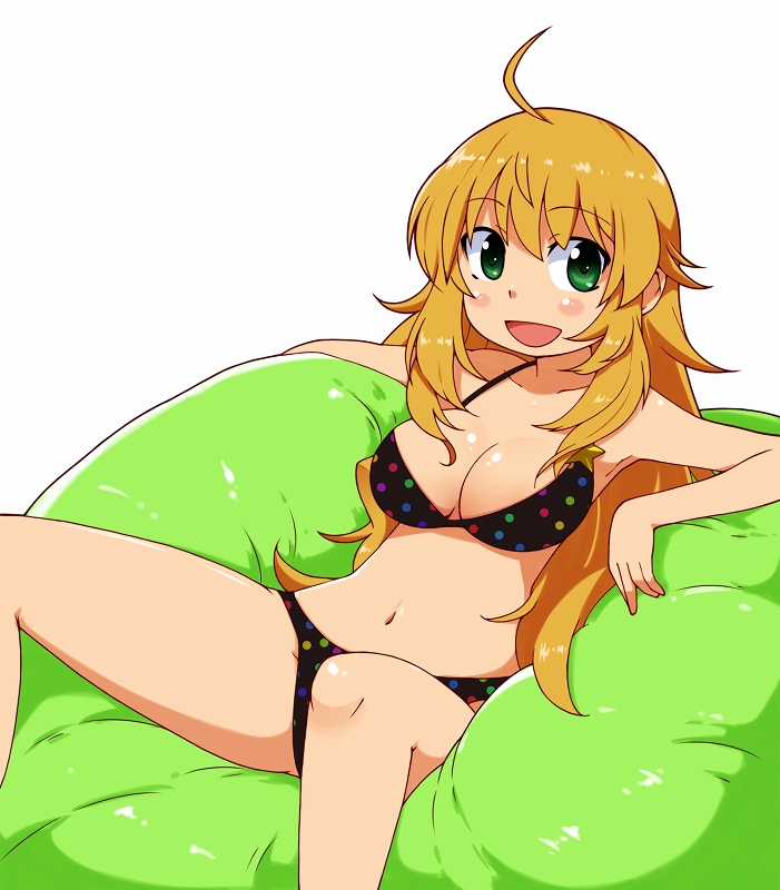 :d, ahoge, bikini, blonde_hair, blush_stickers, breasts, green_eyes, hoshii_miki