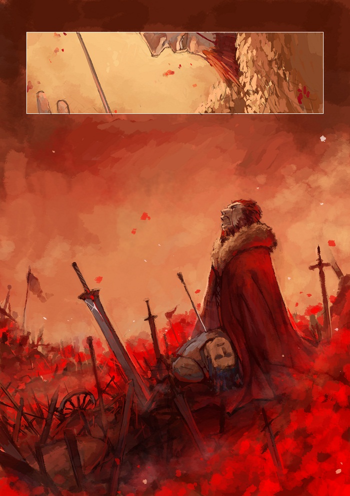 a9219669, armor, arrow, battlefield, beard, blood, bloody_tears, cape, corpse, death, facial_hair, fate/zero, fate_(series), field_of_blades, male, multiple_boys, planted_sword, planted_weapon, red_eyes, red_hair, redhead, rider_(fate/zero), sword, weapon