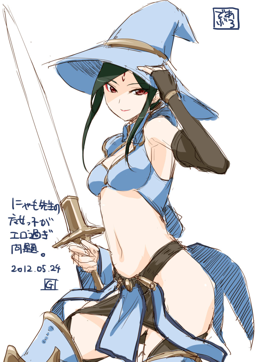 diablo_3, green_hair, hat, highres, red_eyes, sword, weapon, witch_hat