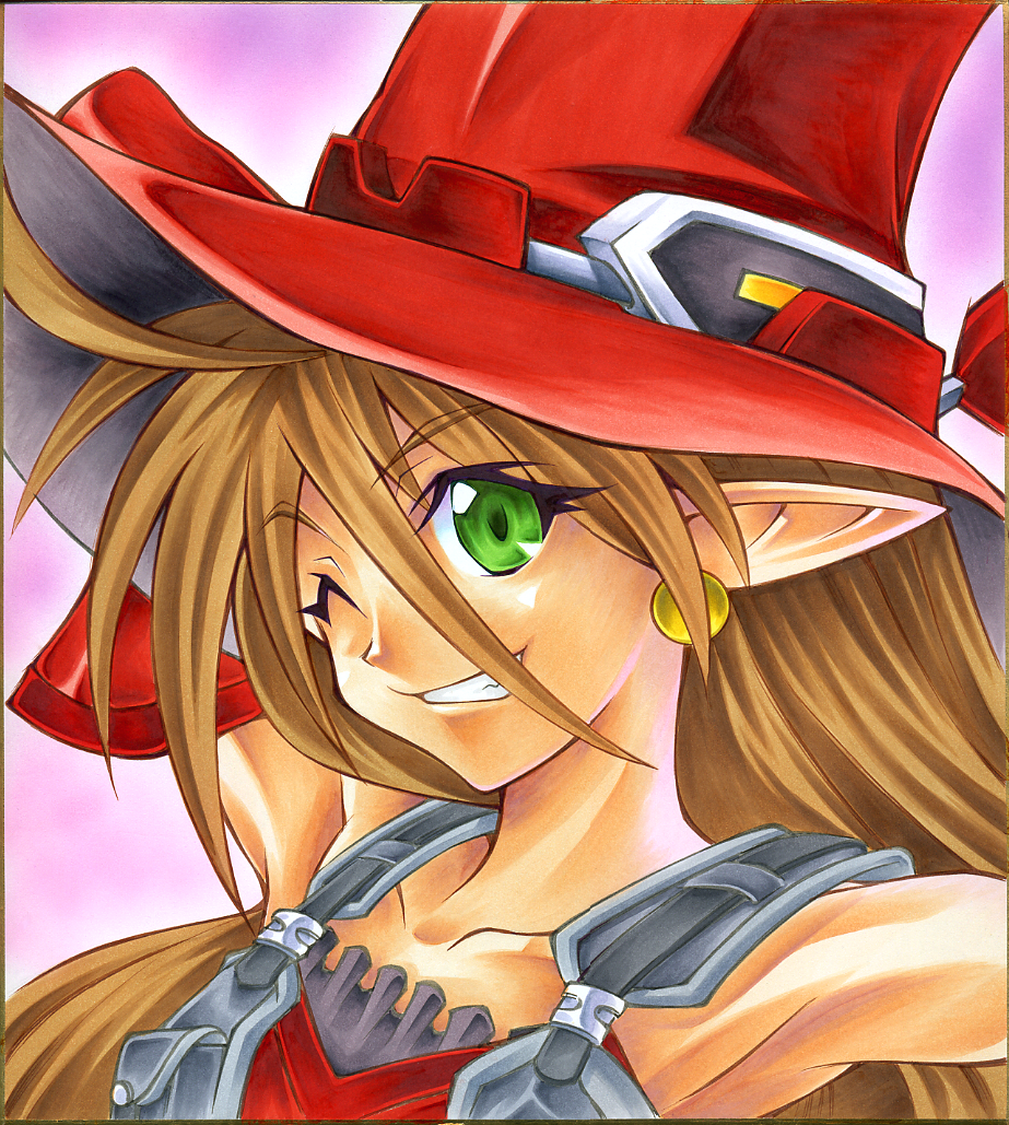 brown_hair, calnarsa, collarbone, earrings, endless_frontier, green_eyes, hat, jewelry