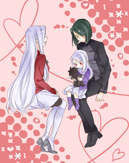 boots, character_doll, emiya_kiritsugu, fate/zero, fate_(series), father_and_daughter, green_eyes, green_hair, hisau_maiya, illyasviel_von_einzbern, irisviel_von_einzbern, long_hair, mother_and_daughter, multiple_girls, oekaki-daisuki-dessu, pantyhose, short_hair, thigh-highs, thigh_boots, thighhighs, white_hair