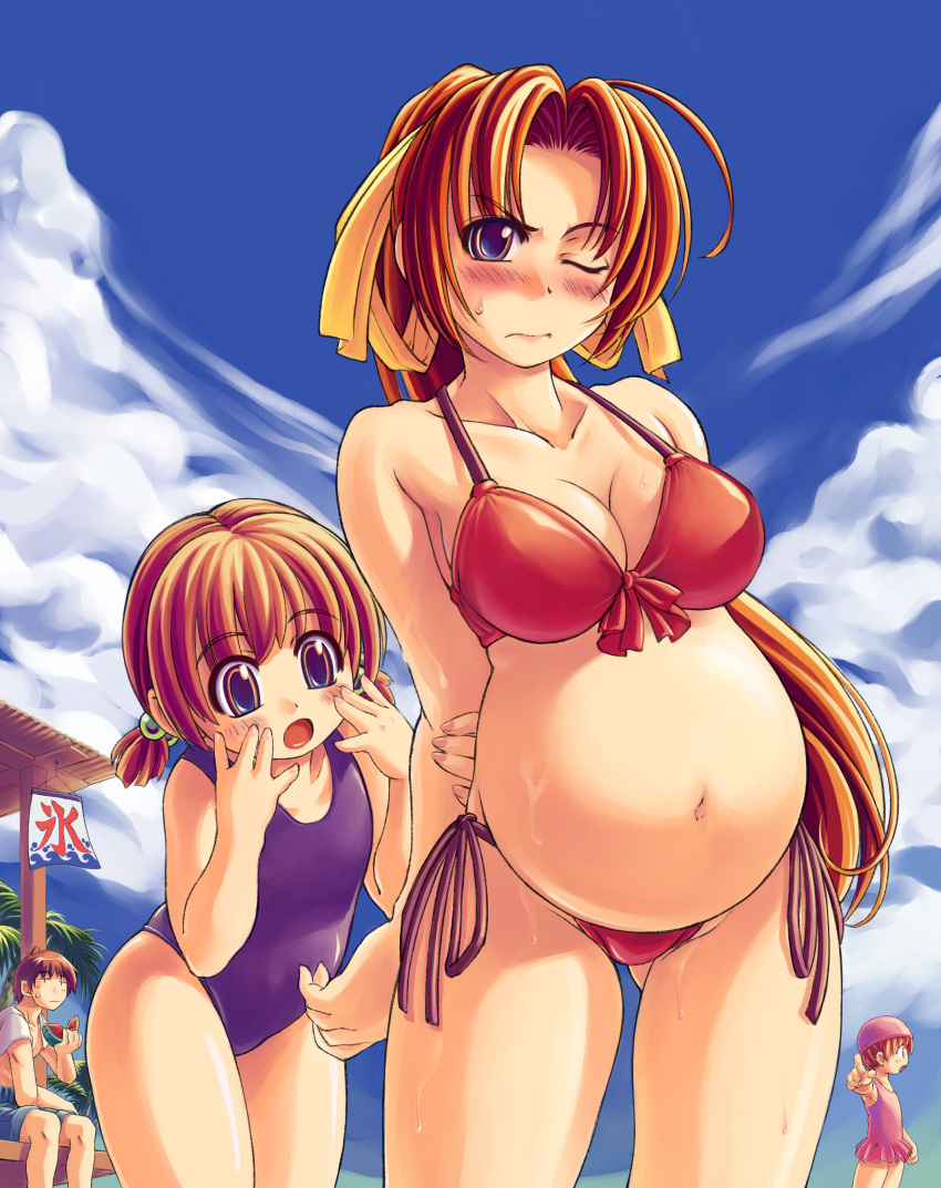 3:, 3;, 3girls, :o, absurdres, age_difference, bikini, blush, breasts, child, cleavage, cloud, clouds, copyright_request, food, fruit, highres, kooribata, long_hair, multiple_girls, one-piece_swimsuit, open_mouth, pregnant, red_hair, size_difference, sky, swimsuit, watermelon, wink, xration
