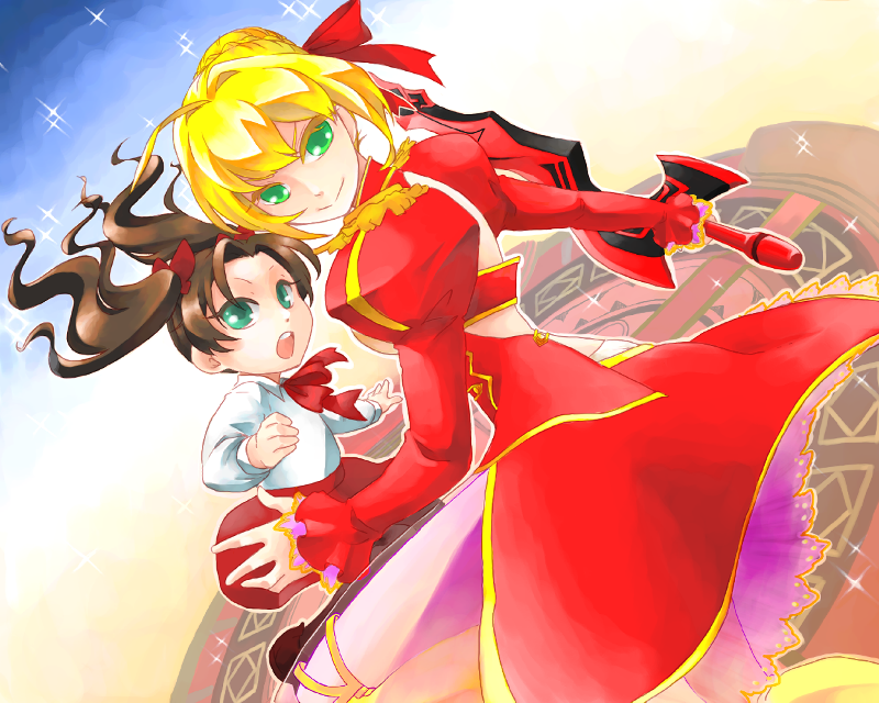2girls, aestus_estus, ahoge, blonde_hair, blue_eyes, brown_hair, child, dress, epaulettes, fate/extra, fate/zero, fate_(series), green_eyes, hair_ribbon, long_hair, multiple_girls, nero_claudius_(fate)_(all), ribbon, saber_extra, shanks-ace, sword, tohsaka_rin, toosaka_rin, twintails, weapon, young
