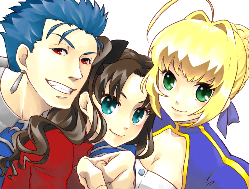2girls, ahoge, blonde_hair, blue_eyes, blue_hair, brown_hair, earrings, fate/stay_night, fate_(series), green_eyes, hair_ribbon, jewelry, lancer, long_hair, multiple_girls, ponytail, red_eyes, ribbon, saber, shanks-ace, tohsaka_rin, toosaka_rin, two_side_up