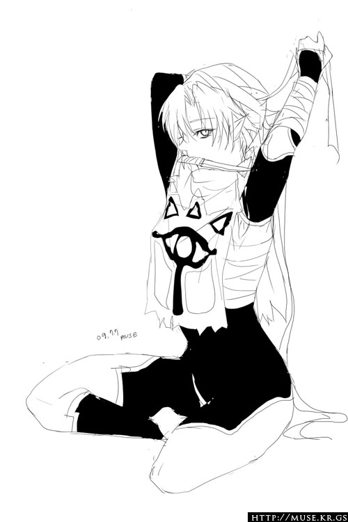 androgynous, bandages, braid, knife, long_hair, mask, monochrome, muse_(rainforest)