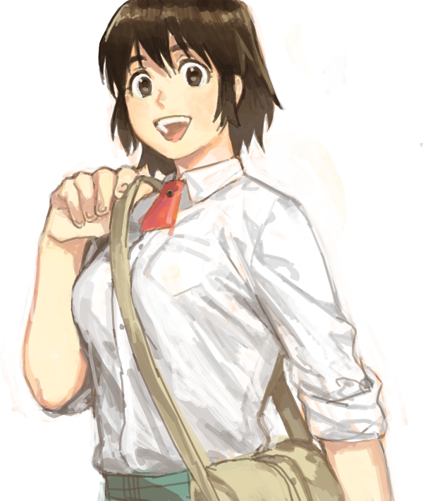 ayase_fuuka, bad_id, brown_eyes, brown_hair, icym, open_mouth, school_uniform, short_hair, sleeves_rolled_up, smile, solo, yotsubato!