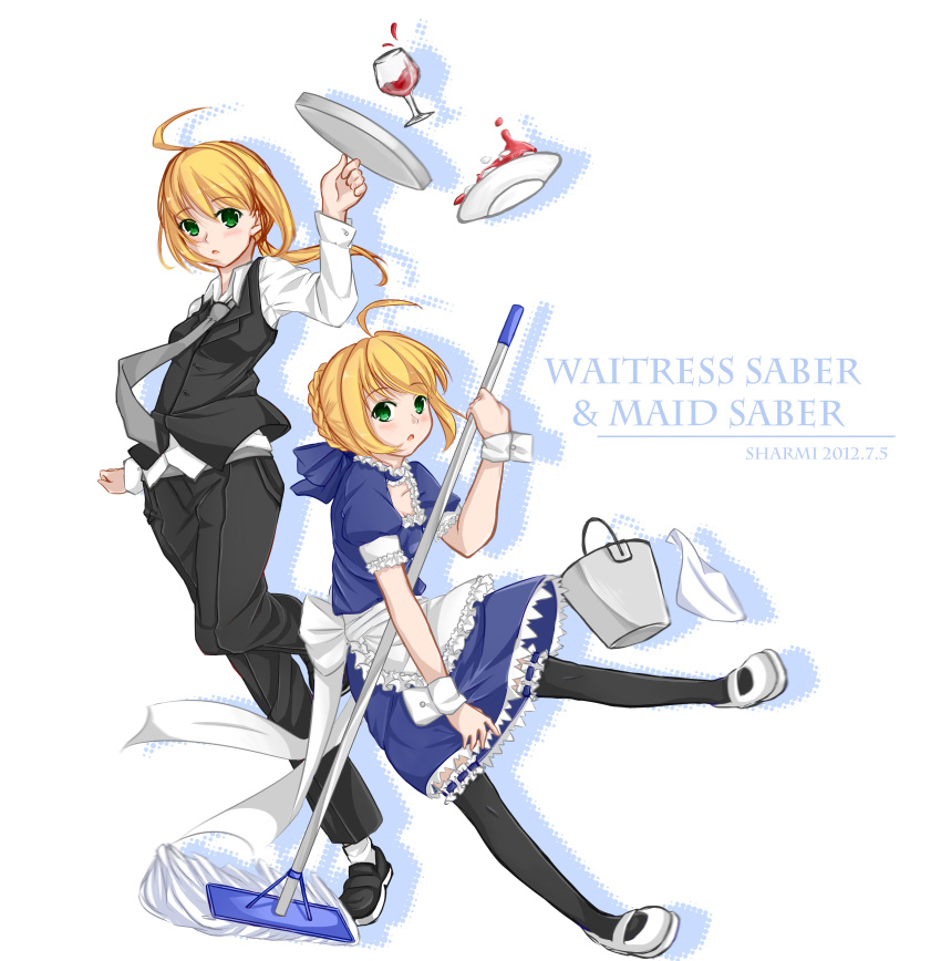 absurdres, apron, blonde_hair, bucket, dual_persona, fate/zero, fate_(series), green_eyes