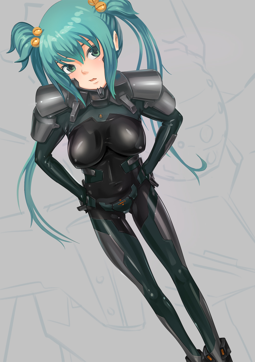bodysuit, breasts, cui_yifei, green_eyes, green_hair, hair_bell, hair_ornament, hands_on_hips