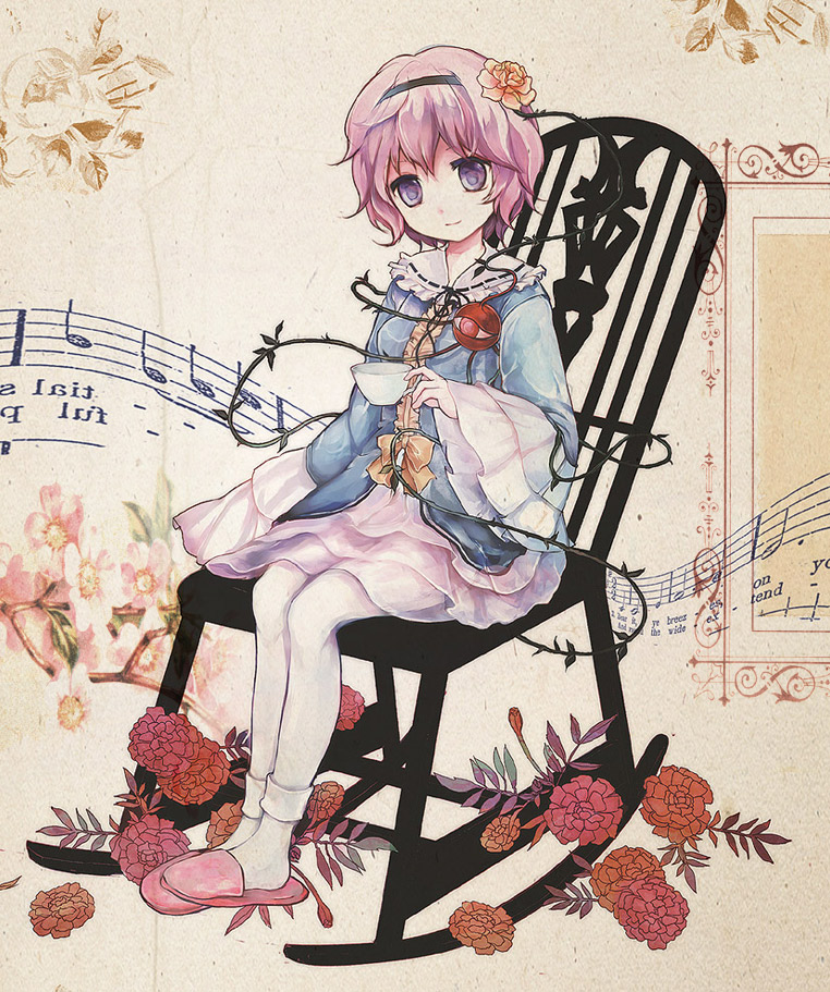 cup, flower, frills, hair_flower, hair_ornament, komeiji_satori, mathnote, pantyhose, pink_hair, purple_eyes, rocking_chair, rose, short_hair, sitting, sliggsocks, smile, socks, solo, teacup, third_eye, touhou, violet_eyes, white_legwear