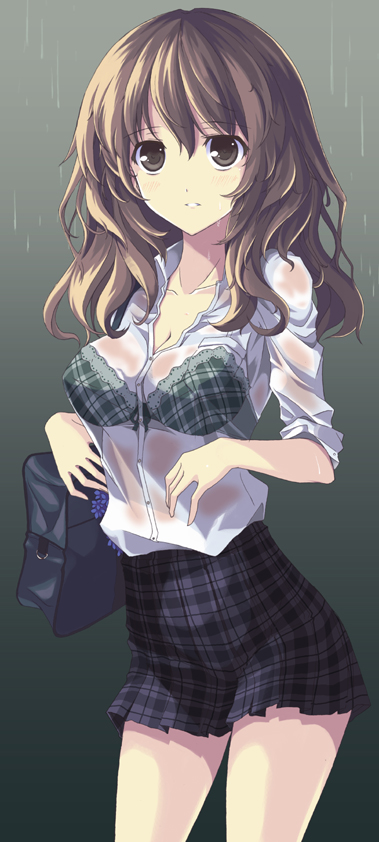 bag, bra, breasts, brown_eyes, brown_hair, cleavage, long_hair, mikoto_akemi