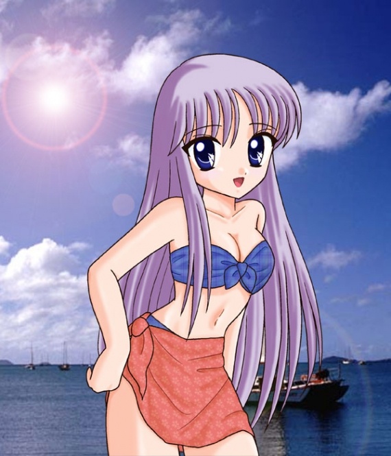 athena, beach, bikini, kidou_saori, long_hair, purple_hair, saint_seiya, saori_kido