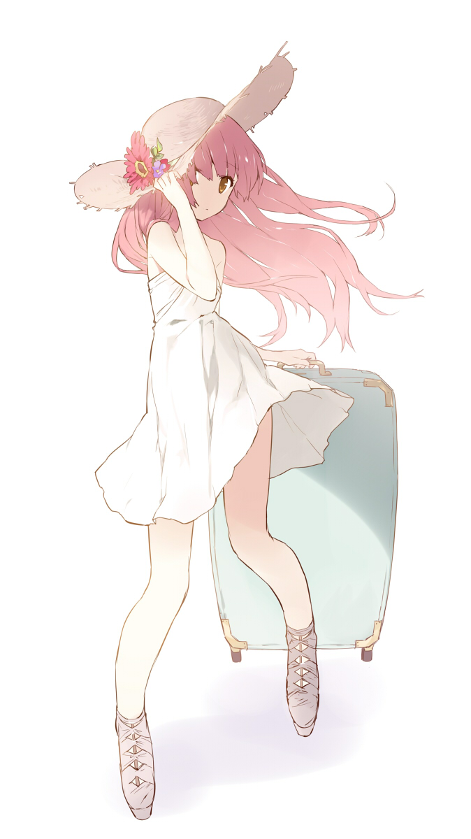 dress, flower, hair_over_one_eye, hand_on_hat, hat, hat_flower, highres, long_hair