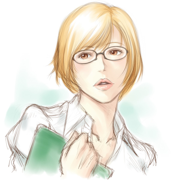 blonde_hair, book, brown_eyes, bust, face, glasses, lips, original