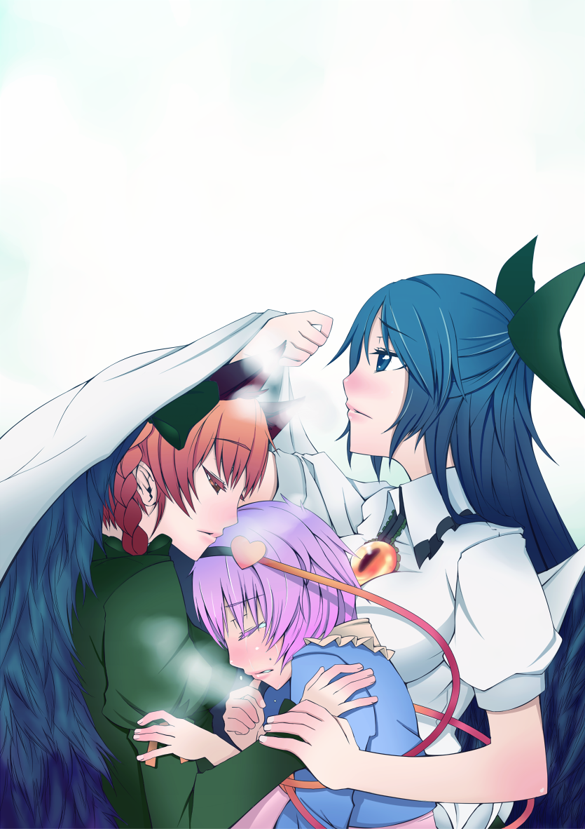 bow, braid, closed_eyes, comforting, extra_ears, group_hug, hair_bow, heart