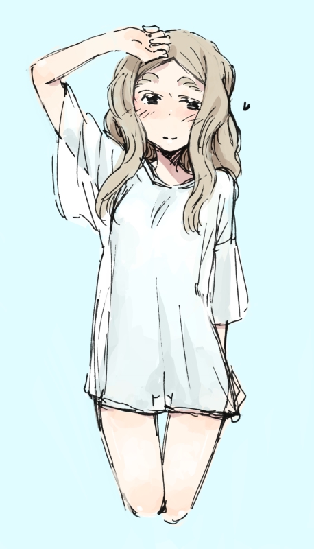 bottomless, brown_hair, chibikko_(morihito), eyebrows, long_hair, morihito, naked_shirt, original