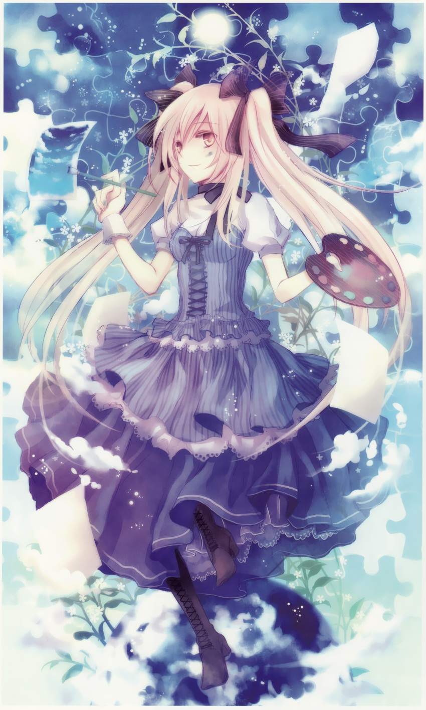 absurdres, art_brush, blonde_hair, boots, bow, dress, flower, frills