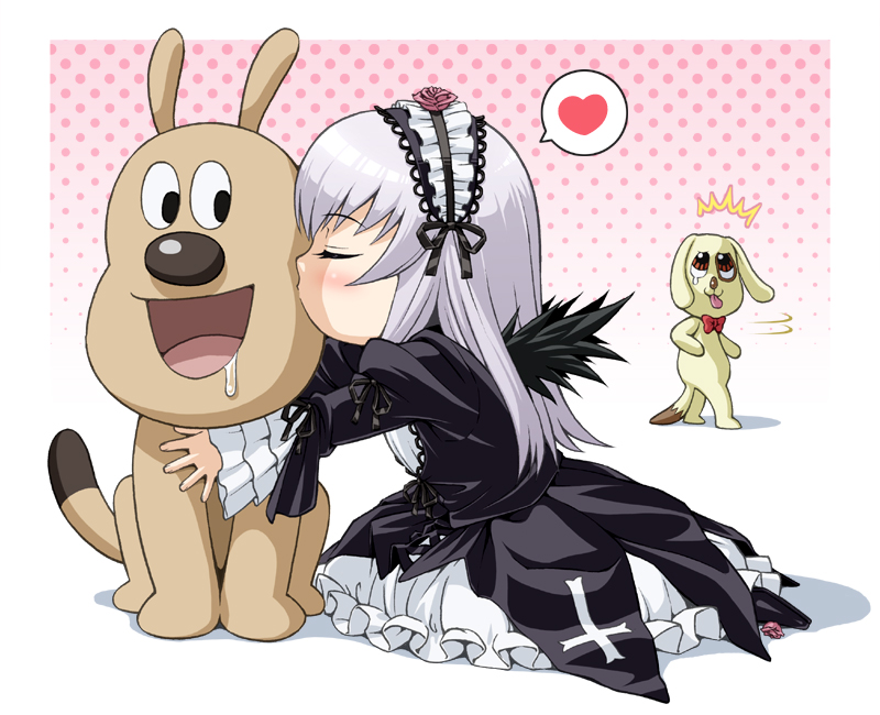 cheese_(anpanman), crossover, dog, dress, drooling, gothic_lolita, hairband, heart, ichikawa_masahiro, kiss, kunkun, lolita_fashion, rozen_maiden, silver_hair, spoken_+heart, spoken_heart, suigintou, tears, wings