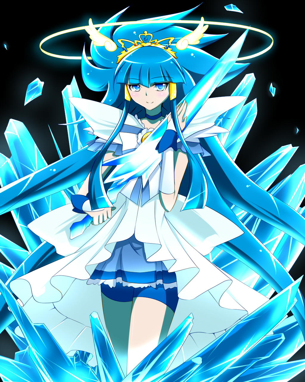 aoki_reika, bike_shorts, black_background, blue, blue_dress, blue_eyes, blue_hair, choker