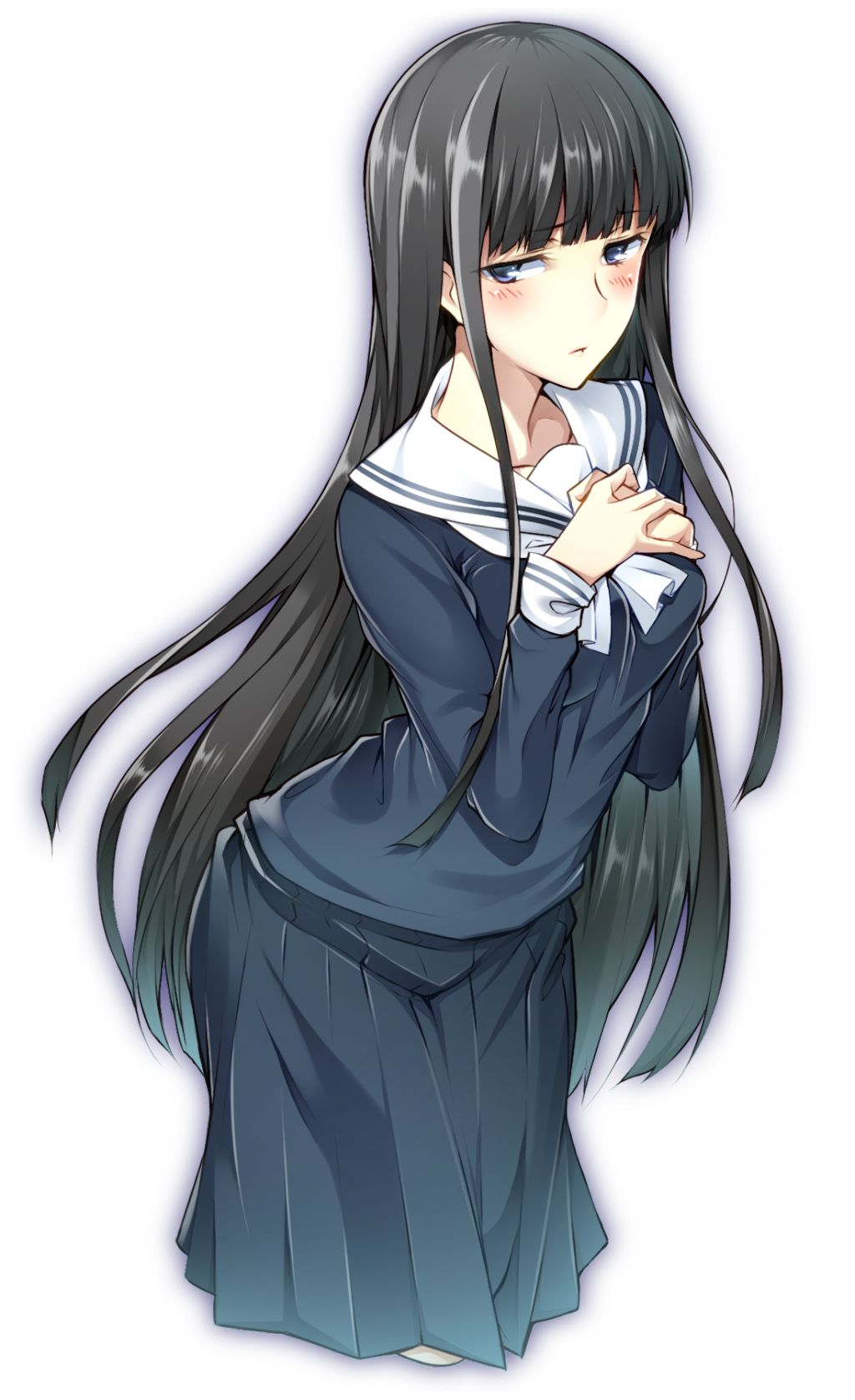 black_hair, blue_eyes, blush, highres, himegami_aisa, mahaya, school_uniform, simple_background