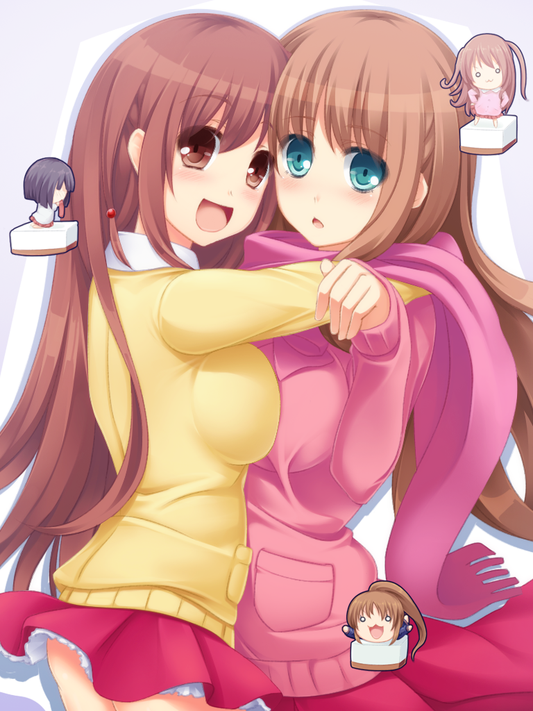 artist_request, atarashi_ako, blush, brown_hair, cardigan, chibi, green_eyes, long_hair