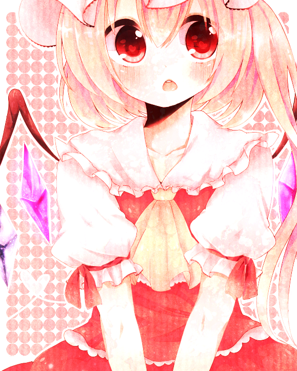 ascot, blonde_hair, blush, flandre_scarlet, hat, mitoki_6x6, red_eyes, short_hair