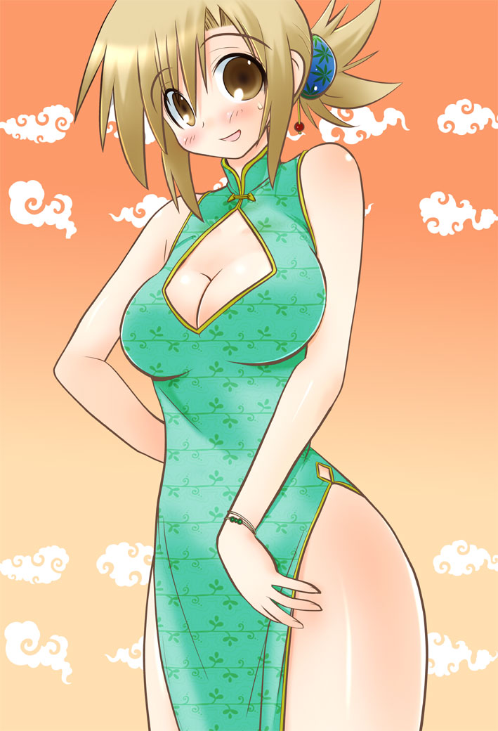 breasts, brown_eyes, brown_hair, center_opening, china_dress, chinese_clothes, cleavage, ga_geijutsuka_art_design_class, hair_ornament, hair_up, nozaki_namiko, open_mouth, short_hair, smile, solo, sugina_fujitaka