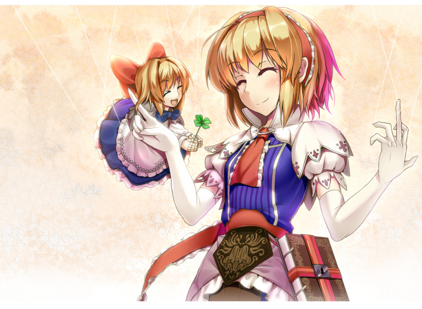 :d, adapted_costume, alice_margatroid, apron, ascot, blonde_hair, book, bow
