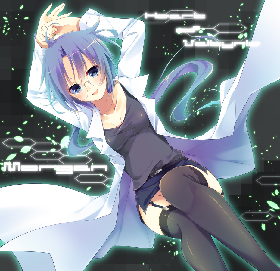 black_legwear, blue_eyes, blue_hair, blush, copyright_request, garter_straps, glasses, labcoat