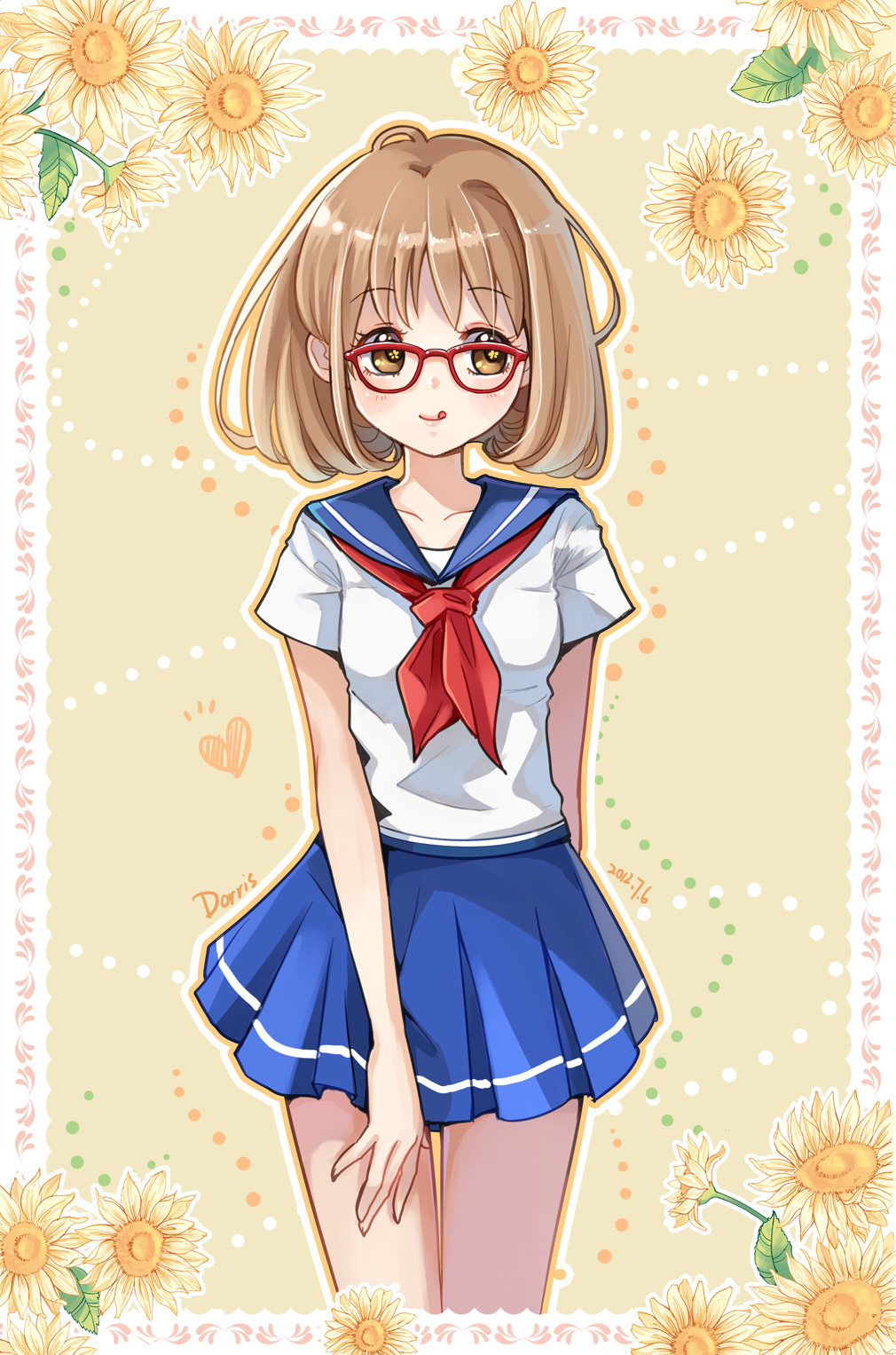 :p, :q, brown_eyes, brown_hair, dorris, glasses, highres, original