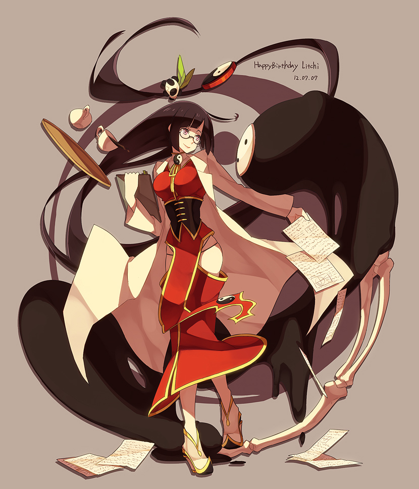 arakune, black_hair, blazblue, clipboard, cup, glasses, labcoat, litchi_faye_ling
