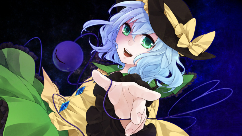 akaya, blush, eyeball, green_eyes, green_hair, hat, hat_ribbon, heart
