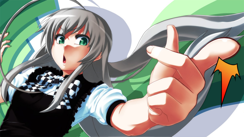 :o, ahoge, checkered, dutch_angle, finger_snap, fingers, foreshortening, genb