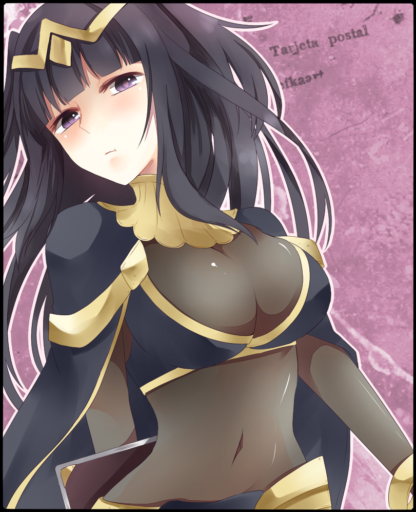 bikini_top, black_hair, bodysuit, book, bracelet, breasts, bust, cape, circlet, cleavage, fire_emblem, fire_emblem:_kakusei, jewelry, large_breasts, long_hair, navel, pout, purple_eyes, sarja, siromiso23, solo, violet_eyes