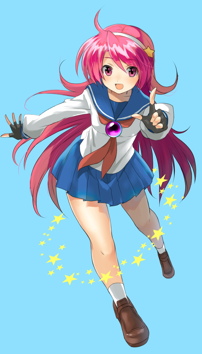 1girl, :d, asamiya_athena, blue_background, blue_sailor_collar, blue_skirt, brown_footwear, brown_shoes, female, fingerless_gloves, full_body, gloves, hairband, hayama_eishi, highres, index_finger_raised, king_of_fighters, king_of_fighters_xii, loafers, long_hair, long_sleeves, neckerchief, open_mouth, pink_eyes, pink_hair, pleated_skirt, red_hair, red_neckerchief, redhead, sailor_collar, sailor_shirt, school_uniform, serafuku, shoes, simple_background, skirt, smile, snk, socks, solo, star, white_hairband