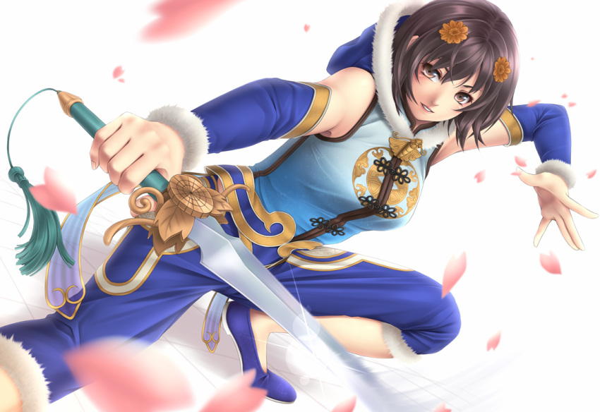 1girl, bangs, blue_footwear, brown_eyes, brown_hair, chinese_clothes, detached_sleeves, fighting_stance