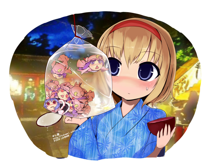 alice_margatroid, animalization, bag, bagged_fish, blonde_hair, blue_eyes, bowl, festival
