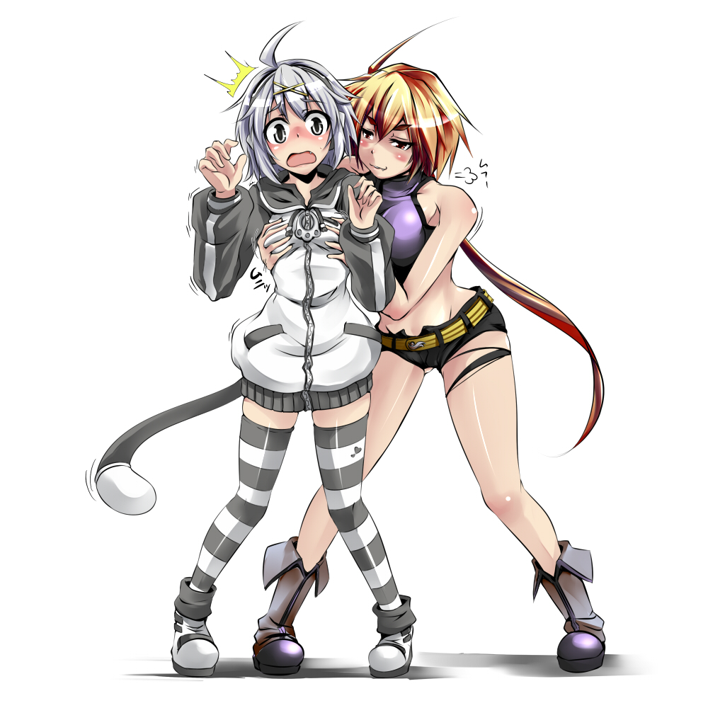 2girls, ahoge, blonde_hair, blush, boots, boy_shorts, breast_grab, breasts, cat_tail, fang, headphones, hoodie, k2isu, multiple_girls, open_mouth, original, short_hair, short_shorts, silver_hair, simple_background, striped, striped_legwear, surprised, tail, thigh-highs, thighhighs, white_background, yashiro_(rock_heart), yuri